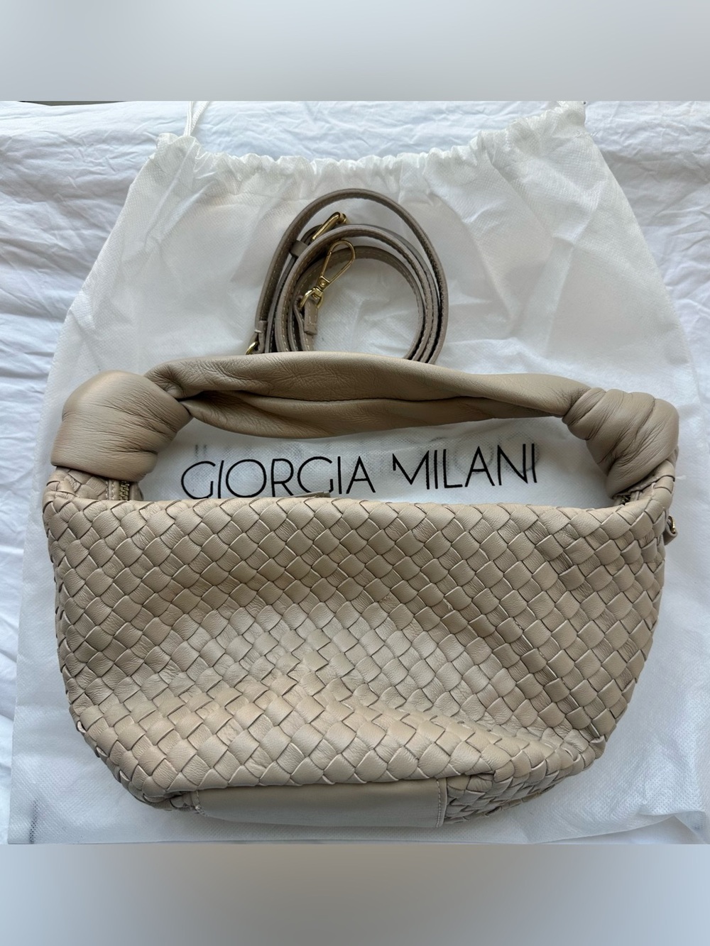 Georgia Milano Leather Woven Crossbody Bag in Taupe